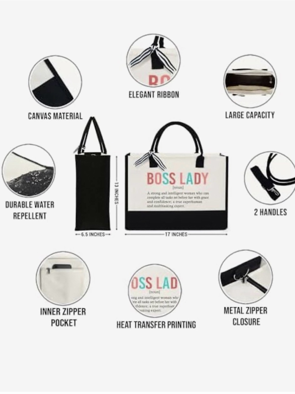 BOSS LADY Canvas Large Tote Bag Office Wear Workwear Career Business Casual - Picture 5 of 16